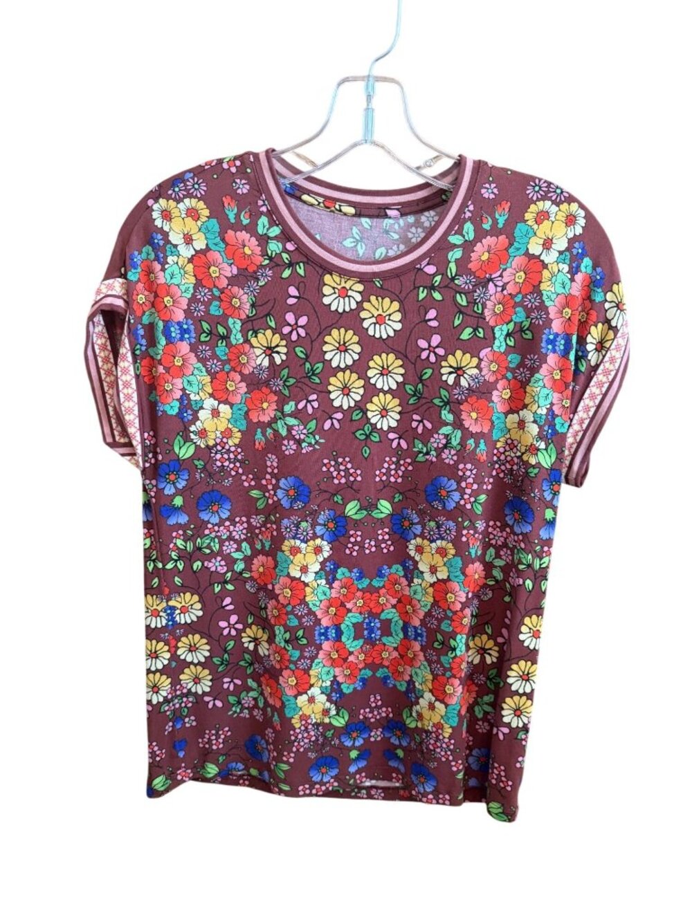 Johnny Was Teaberry Floral Multicolor Bamboo-Blend Short Sleeve Top Round Neck
